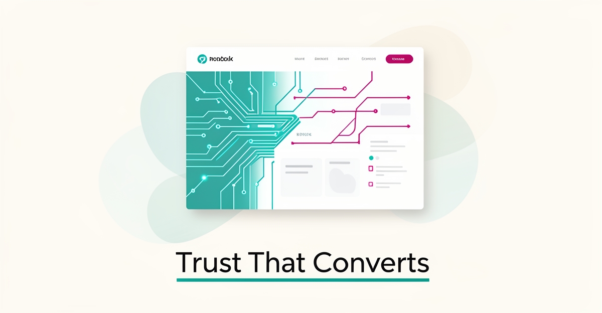 Minimalist flat illustration of a modern medical website interface with AI network lines in teal and magenta symbolizing trust and conversion.