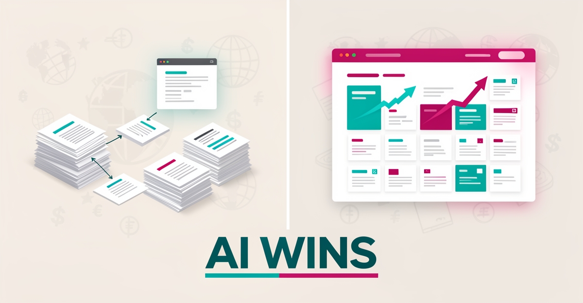Flat illustration comparing manual in-house remittance website building with a faster AI-powered site, accented in teal and magenta with the headline 'AI WINS'.