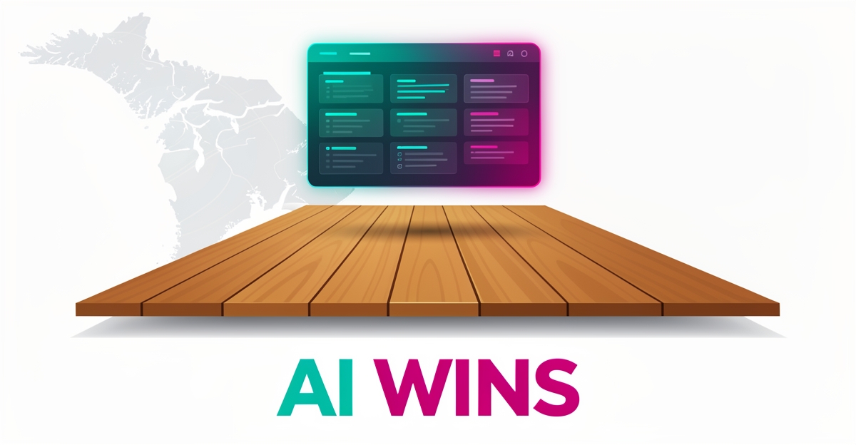 Flat illustration of vinyl flooring planks beneath a glowing AI web interface with teal and magenta accents, headlined AI Wins.