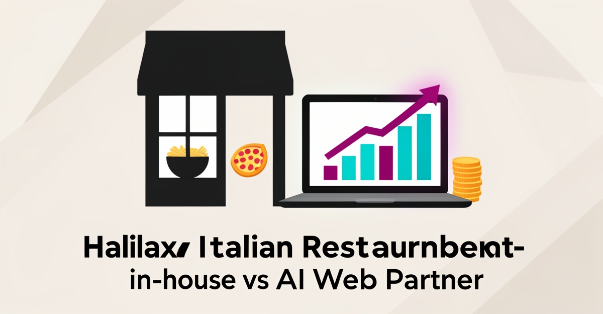 Flat illustration showing Italian restaurant icons with laptop and savings chart highlighting cost comparison for Halifax restaurants.