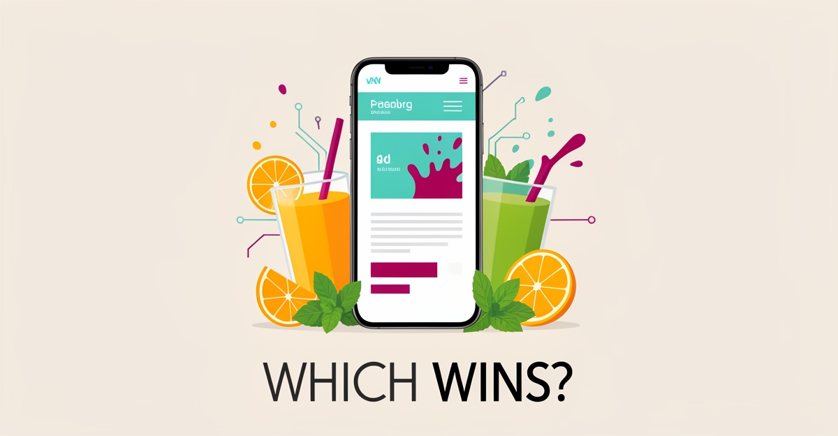 Flat illustration of a juice bar with a smartphone showing a website, accented in teal and magenta, headline reading Which Wins.