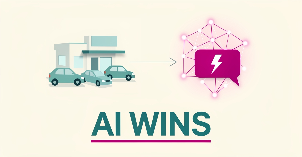 Flat illustration of a car dealership connected to an AI network with lightning-fast chat response, headline reading AI Wins.