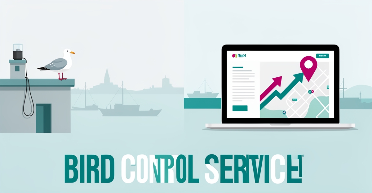 Flat illustration of a seagull on a rooftop beside a laptop showing a lead-generating website, accented in teal and magenta.