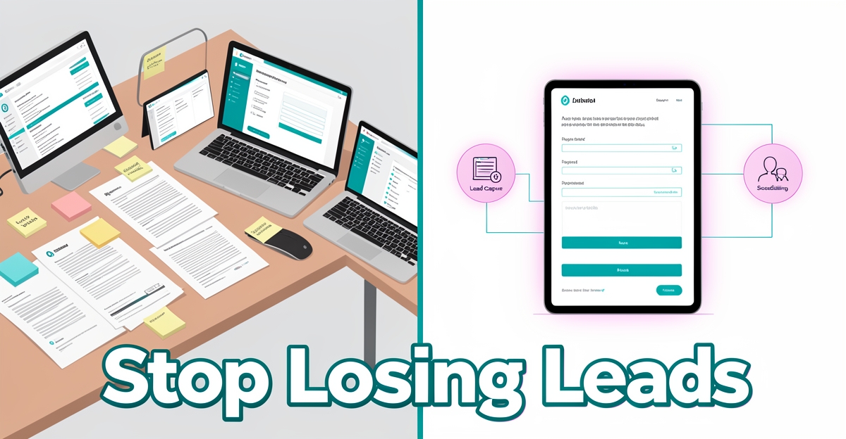 Split-screen illustration contrasting cluttered in-house boiler inspection tools with a streamlined AI website interface, featuring brand-colored accents and the headline 'Stop Losing Leads' in the lower third.
