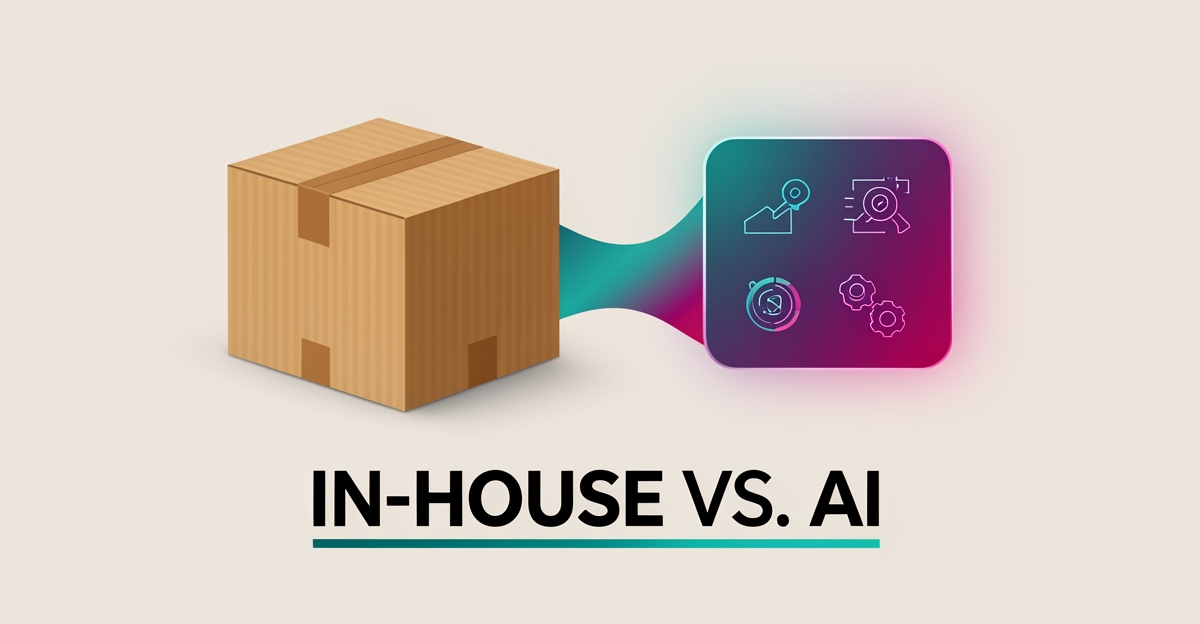 Flat illustration contrasting a cardboard box with a digital AI interface, symbolizing in-house versus AI website choices for box makers.