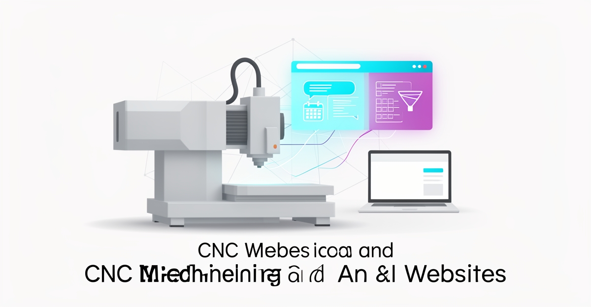 Flat illustration of CNC machine linked to AI website interface with CRM and automation icons in teal and magenta accents.
