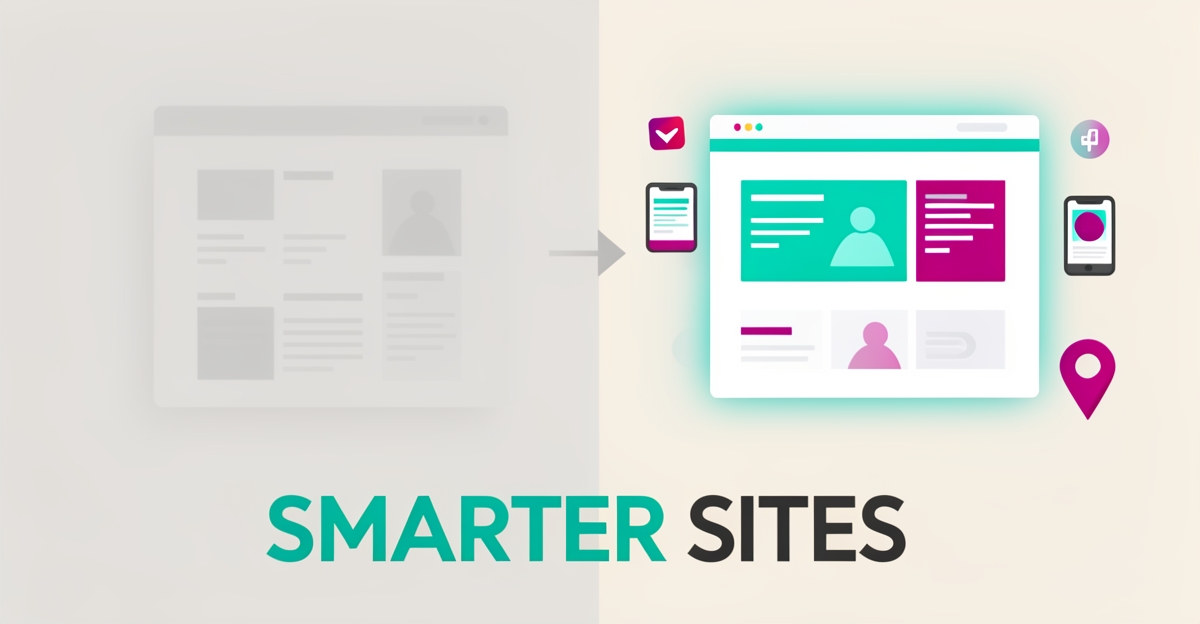 Flat illustration comparing a faded basic website with a sleek AI-powered site in teal and magenta, titled Smarter Sites.