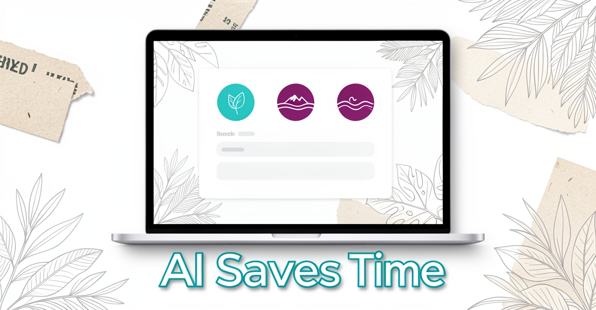 A minimalist flat illustration of an eco-tourism website interface on a laptop, accented with brand colors and nature icons, featuring the headline 'AI Saves Time' in the lower third.