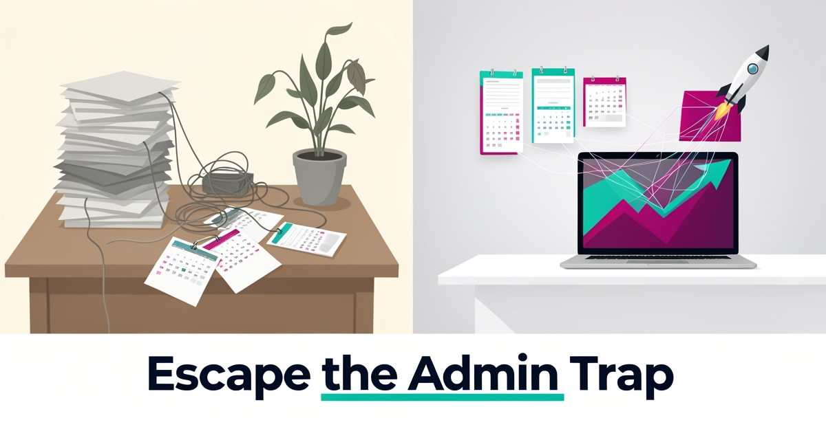 Flat illustration comparing cluttered manual event planning workflows against streamlined AI-powered automation with teal and magenta accents.