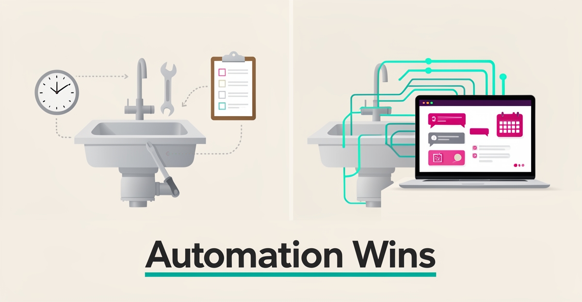 Flat illustration comparing manual garbage disposal repair website management with an AI-automated booking dashboard in teal and magenta accents.