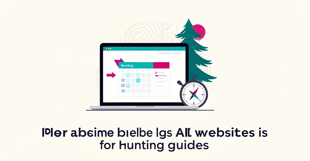 Flat illustration of a laptop with a booking website beside pine tree and compass motifs, accented in teal and magenta, with headline Guide, Not Admin.