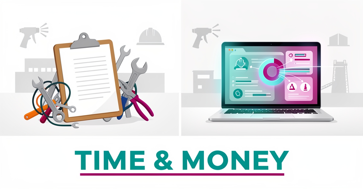 Flat illustration comparing manual website work with an AI-powered automated platform, accented in teal and magenta, with headline Time & Money.