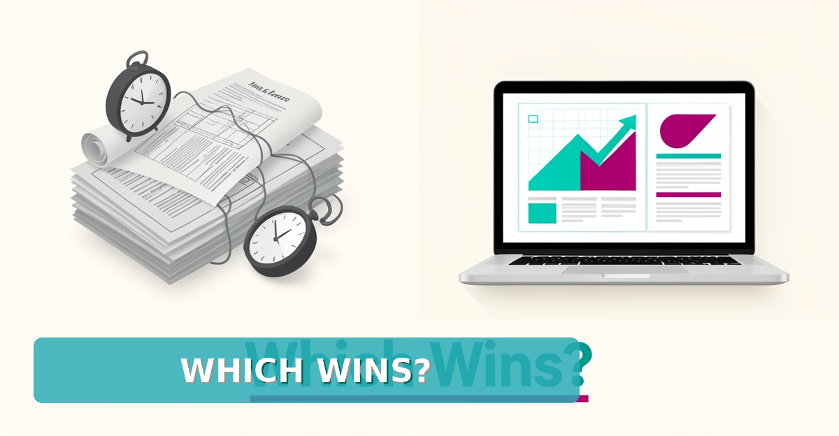 Flat illustration comparing slow in-house website development against a fast automated AI website for industrial insulation contractors, with headline Which Wins?