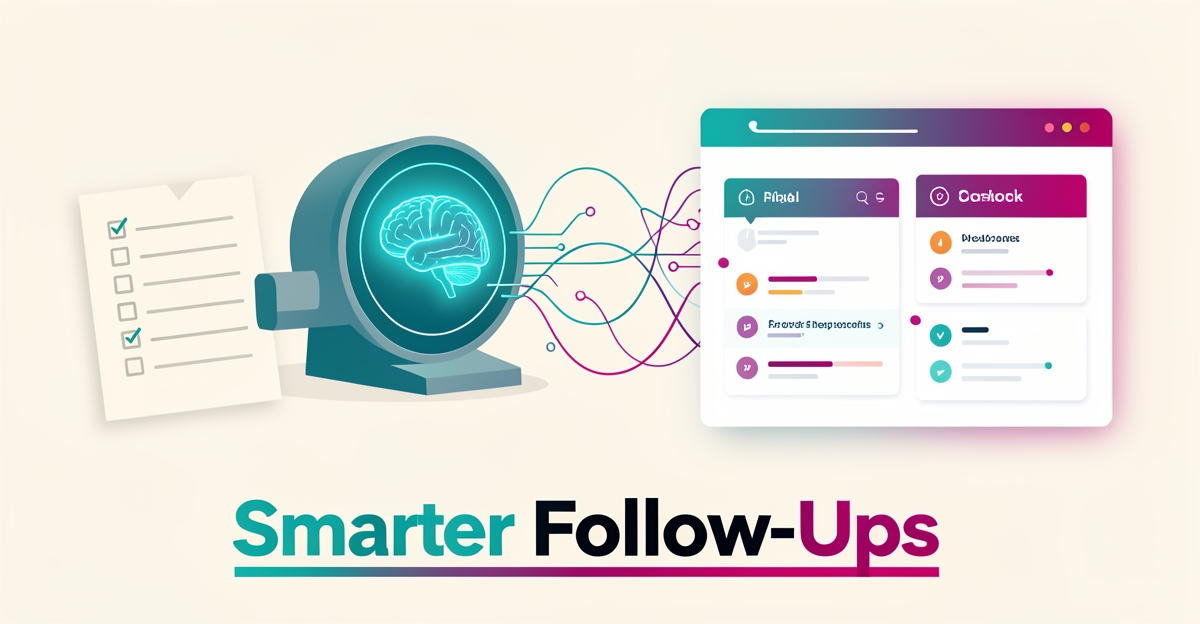 Flat illustration of an AI-powered radiology website connecting MRI scans to automated patient reminders in teal and magenta.