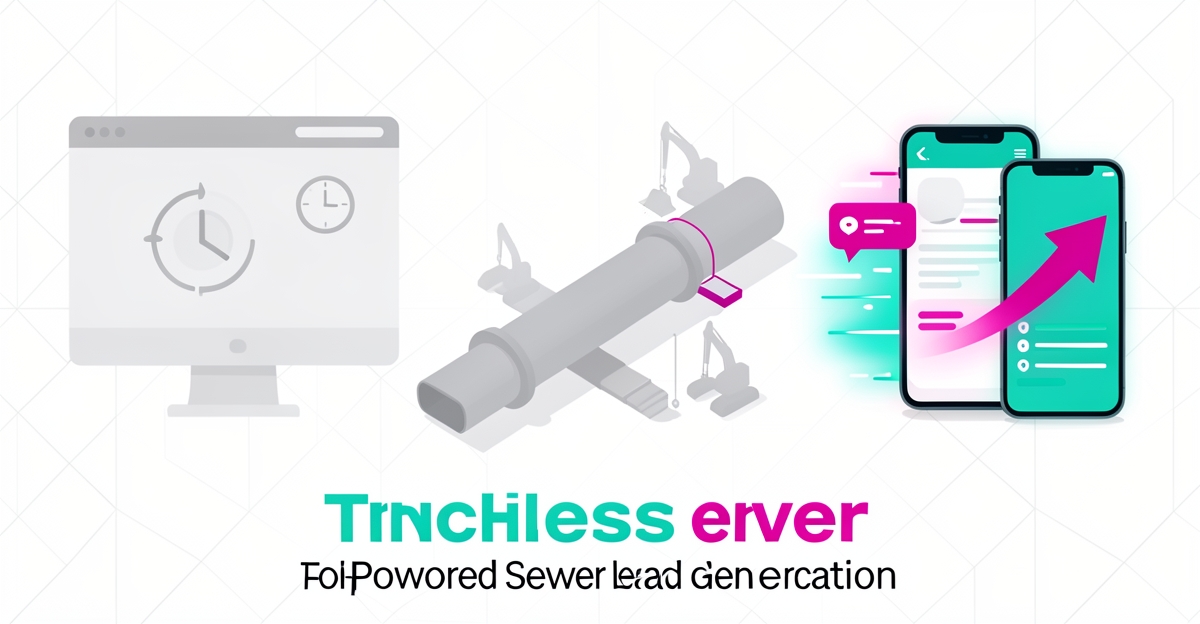 Flat illustration comparing slow in-house website versus fast AI-powered site for trenchless sewer lead generation with speed and growth accents.