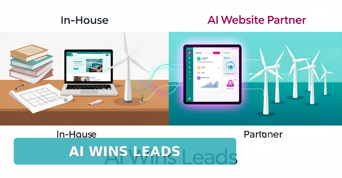 Split illustration contrasting slow in-house website with AI-powered site connected to offshore wind farm, highlighting automated lead generation.
