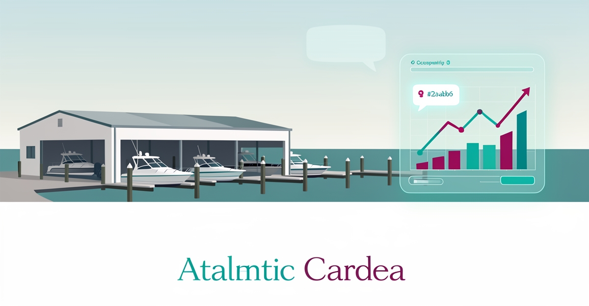 Flat illustration of a modern boat storage facility with digital lead-capture graphics in teal and magenta accents.