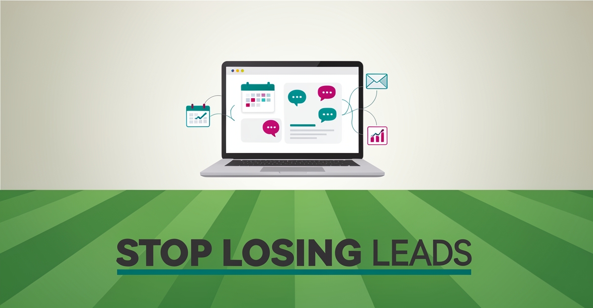 Flat illustration of a laptop with a scheduling dashboard hovering over a manicured lawn, accented in teal and magenta with the headline Stop Losing Leads.