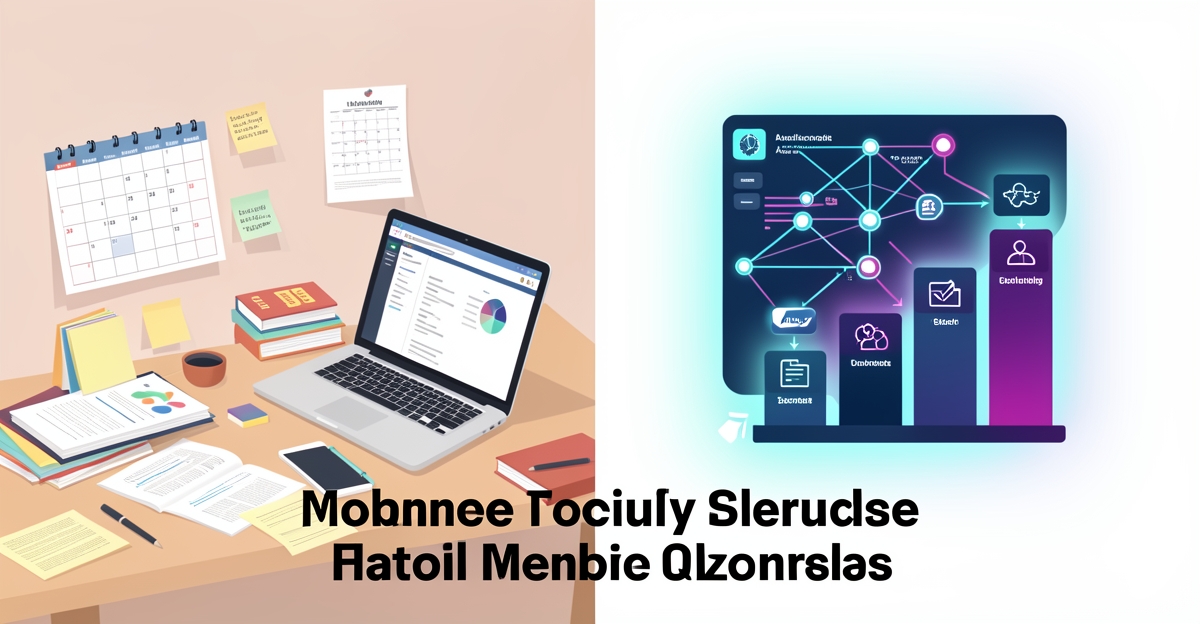 A minimalist flat illustration contrasting manual event management with AI-powered automation, using brand colors to highlight scalability and efficiency gains for corporate events businesses.