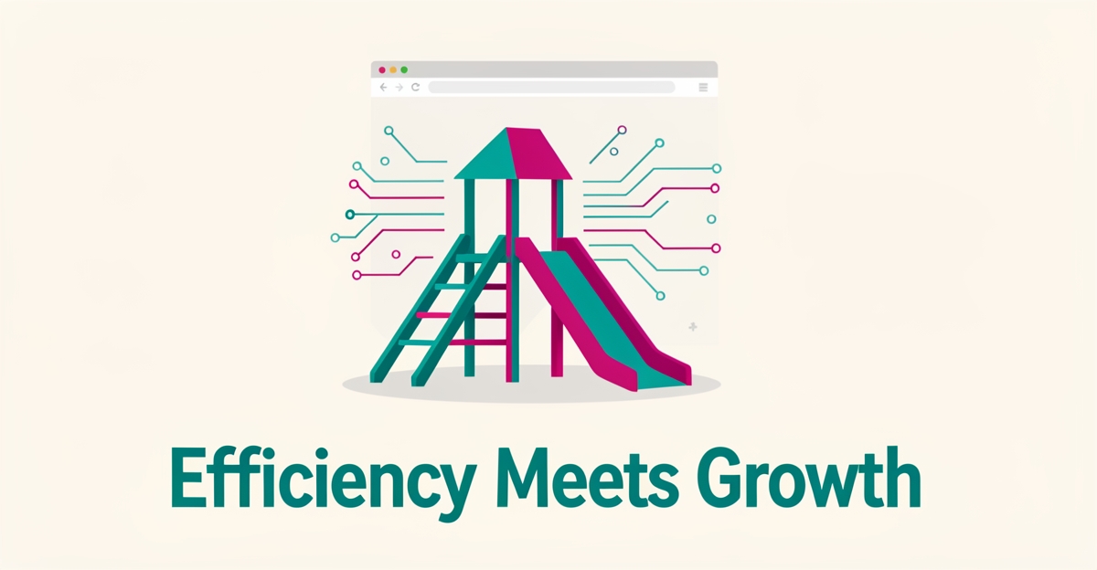 Flat illustration of a playground slide with digital automation elements in teal and magenta, headline reading Efficiency Meets Growth.