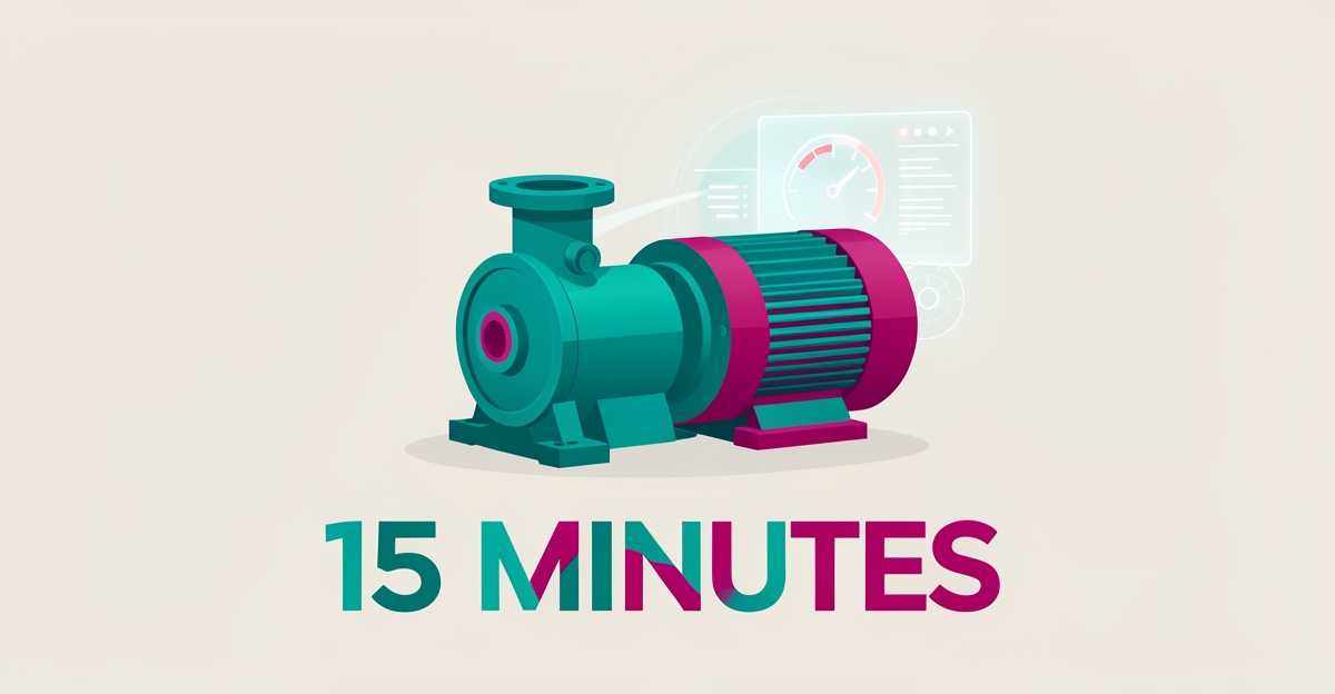 Flat illustration of an industrial pump and motor with a glowing digital speed motif and the headline 15 Minutes.