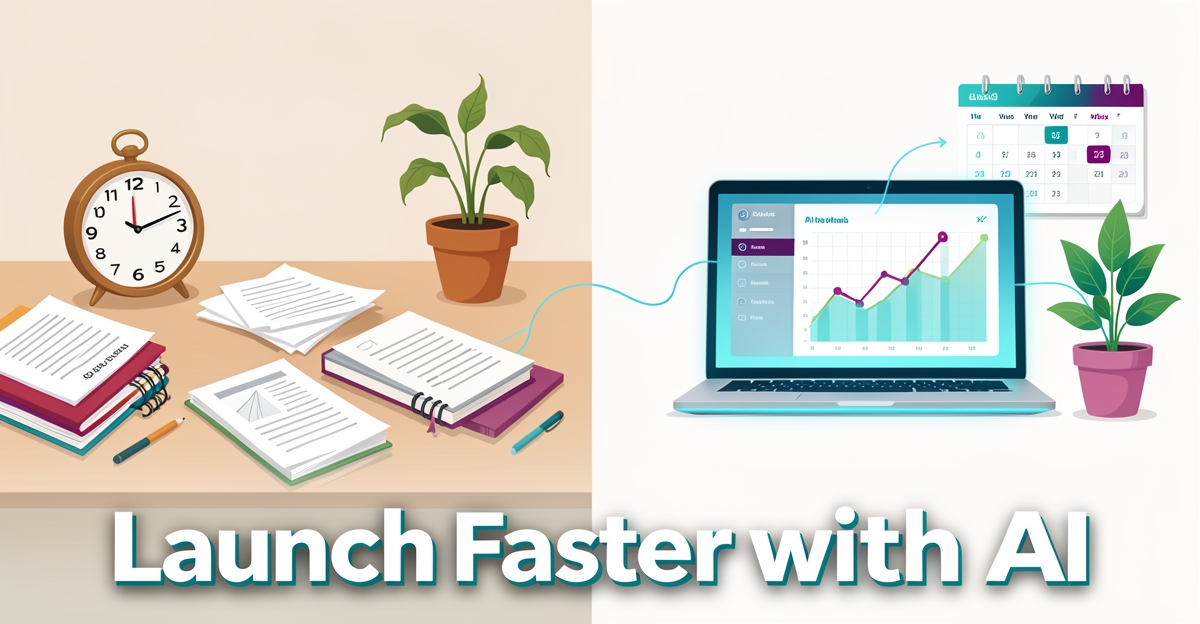 Split illustration contrasting slow DIY website results with fast AI-powered automation for nutritionists, featuring brand-colored accents and a minimalist professional layout.