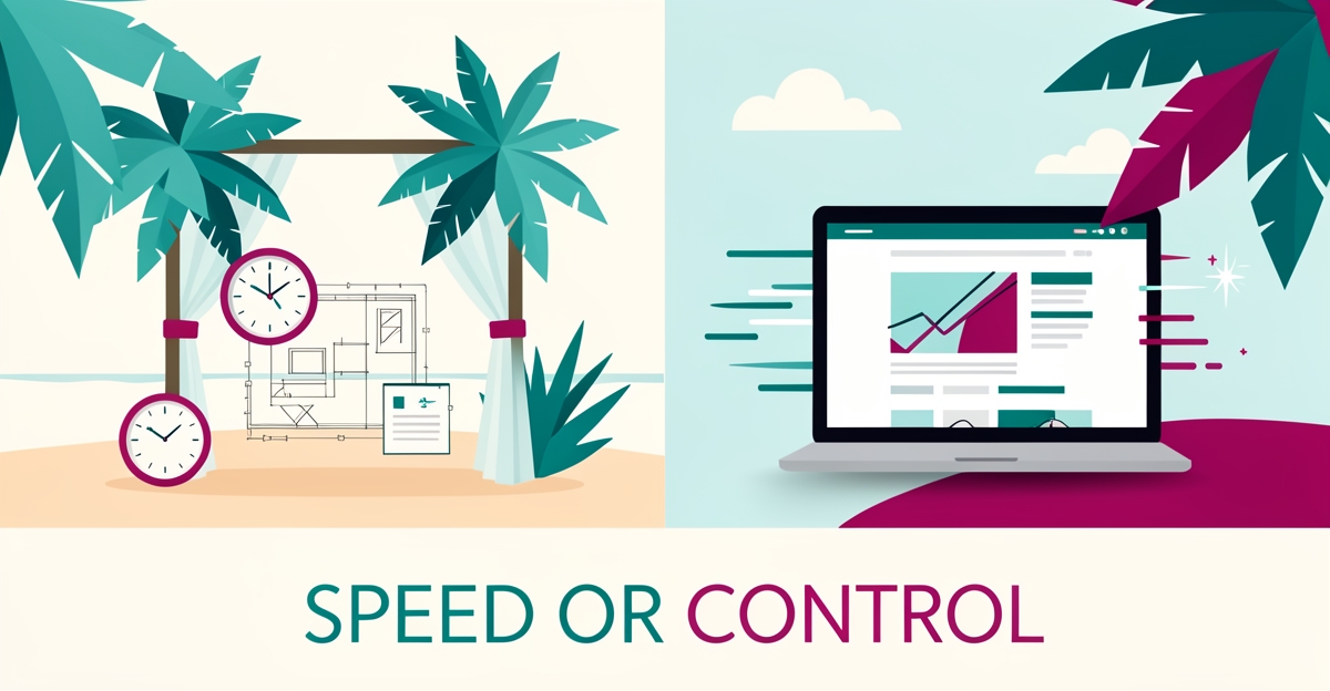 Flat illustration comparing traditional versus AI-built websites for destination wedding planners, featuring a beach wedding arch, laptop wireframe, and teal and magenta accents.
