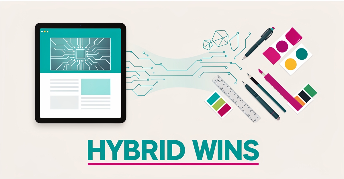 Flat illustration of AI circuit shapes merging with sign design tools in teal and magenta, headline reading Hybrid Wins.
