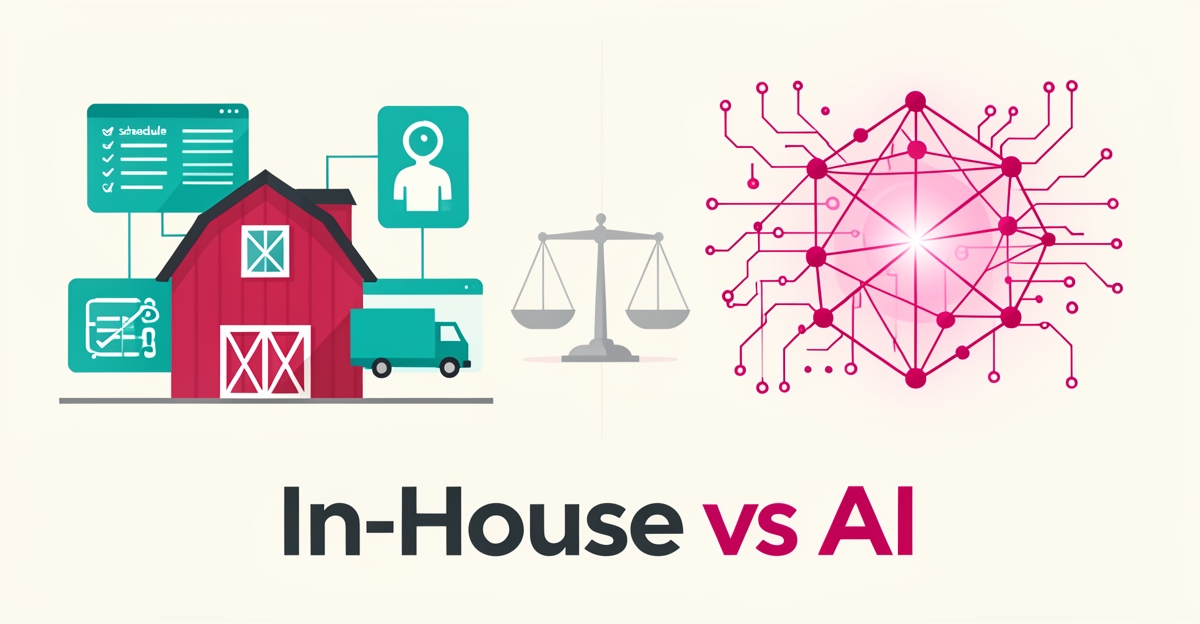 Flat illustration contrasting in-house farm management icons with AI neural network motifs in teal and magenta, titled In-House vs AI.