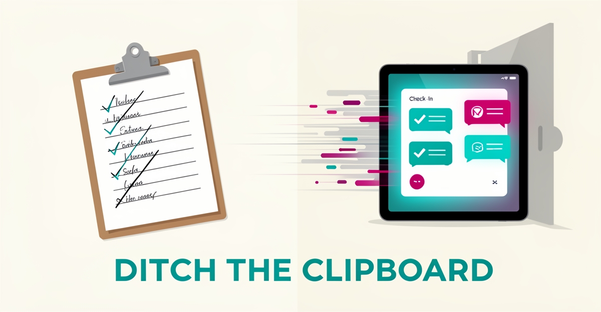 Flat illustration contrasting a paper clipboard guestlist with a fast automated digital check-in tablet, symbolizing automated guestlist management.