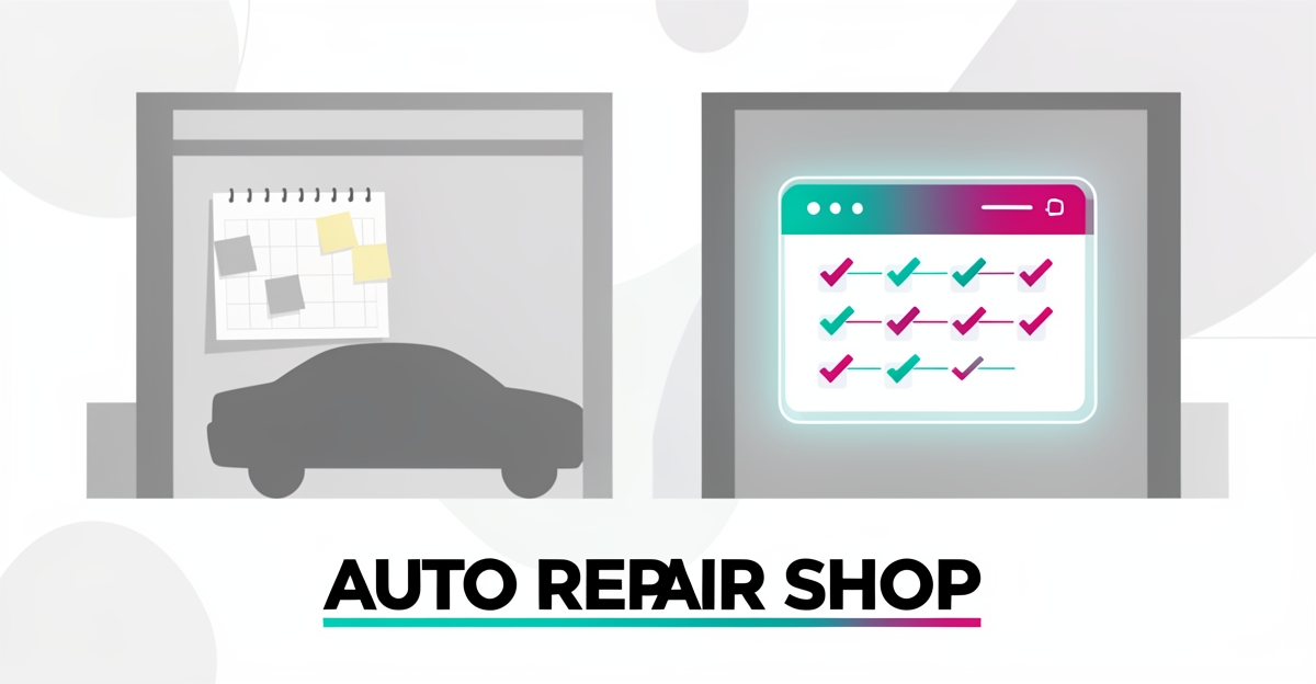 Flat illustration comparing cluttered manual scheduling with a sleek automated digital calendar for auto repair bays, accented in teal and magenta.