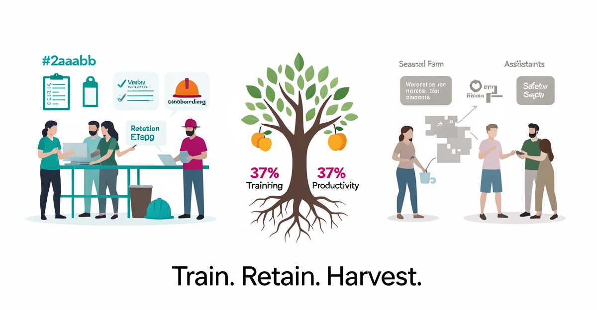 Flat illustration comparing in-house vs seasonal orchard teams showing training roots yielding productivity and retention fruit with brand color accents.