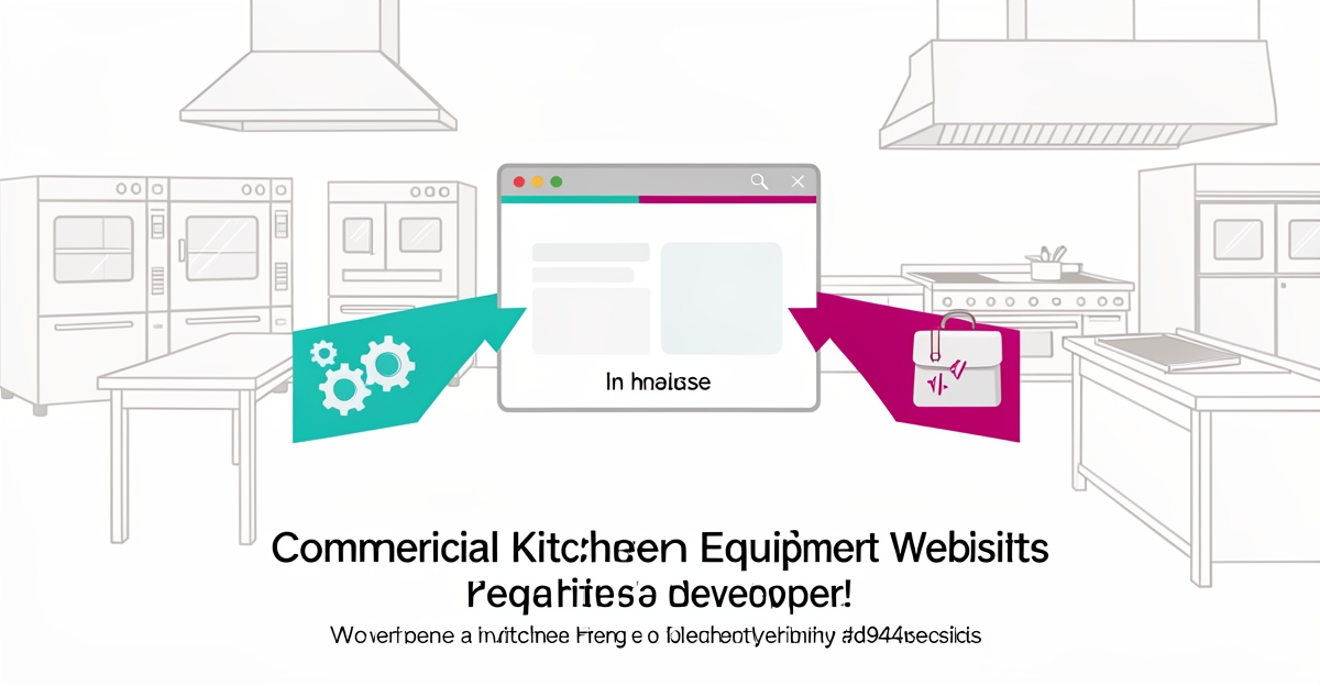 Flat illustration comparing in-house versus hiring a developer for commercial kitchen equipment website development.