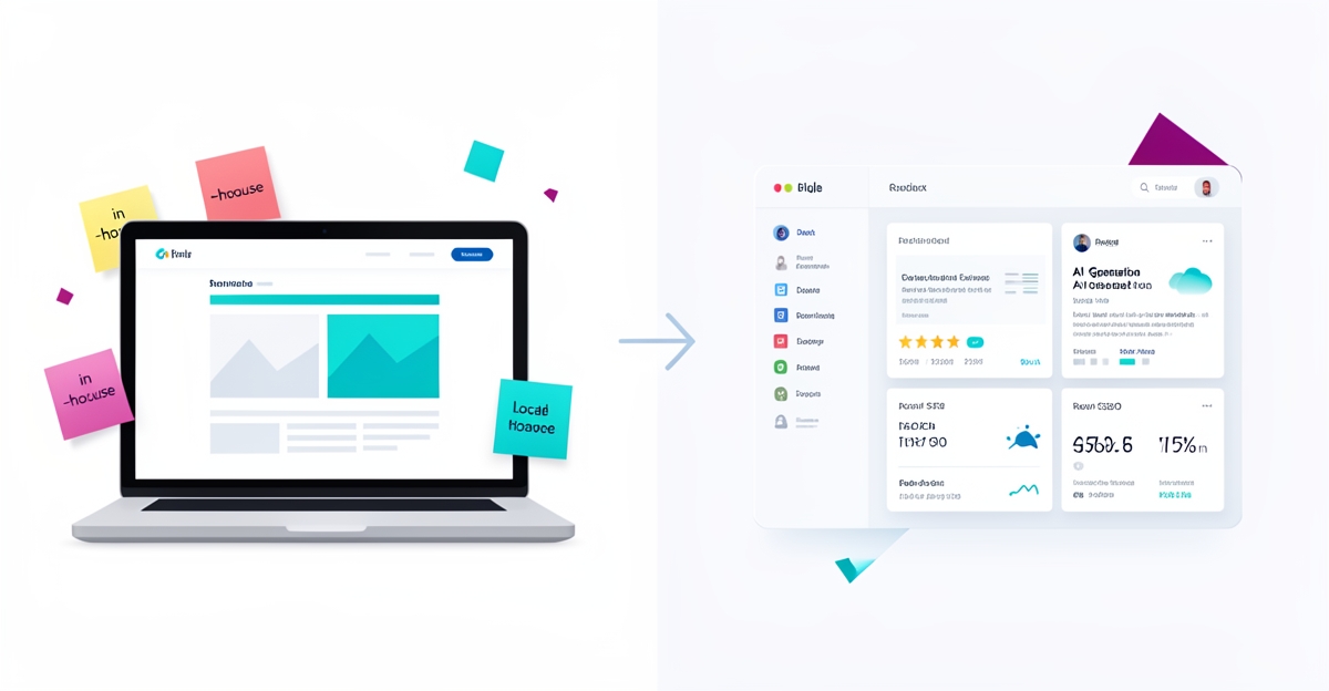 A minimalist flat illustration comparing in-house website building versus a smart AI platform for valet services, with brand-colored accents and a headline overlay