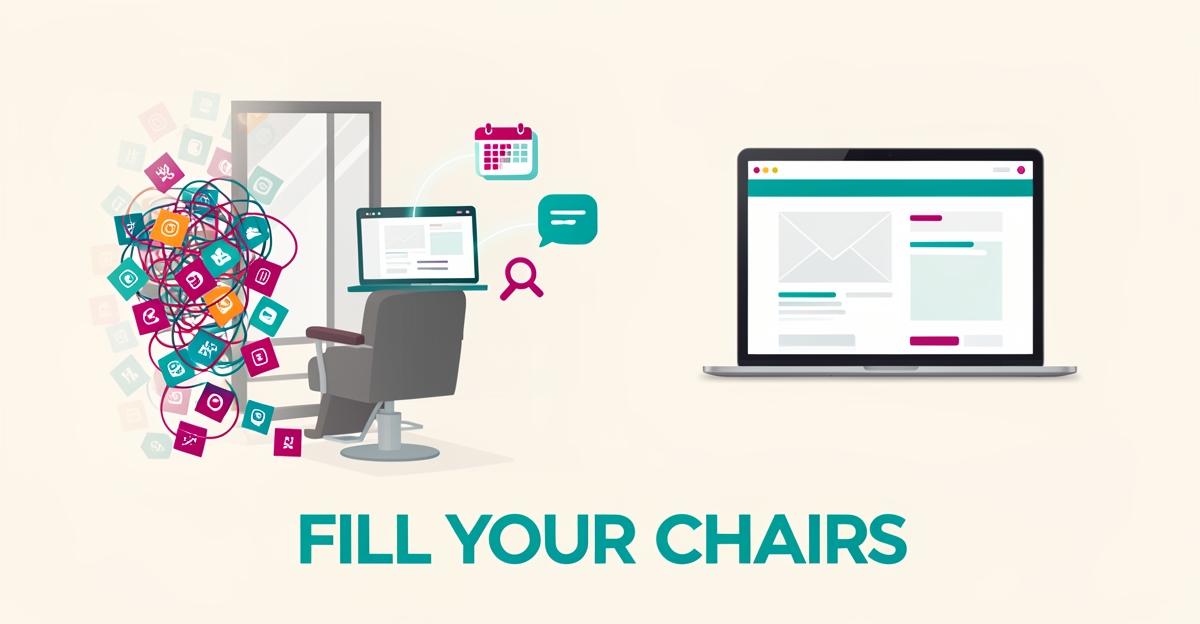 Flat illustration of a salon chair beside a laptop with booking and website icons, contrasting cluttered apps with one streamlined platform.