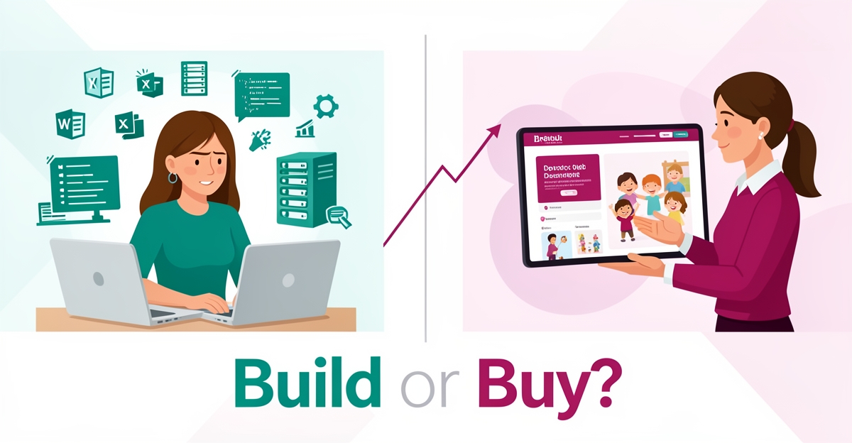 Flat illustration comparing DIY vs professional web development for a preschool, with data-driven upward trend.