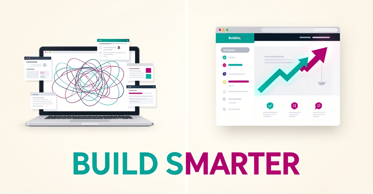 Flat illustration comparing tangled custom web development against a streamlined AI-powered sports camp website dashboard with a growth arrow, accented in teal and magenta.