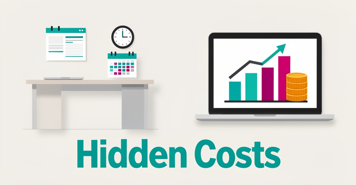 Flat illustration comparing in-house dental website management costs with hiring a web developer, accented in teal and magenta.