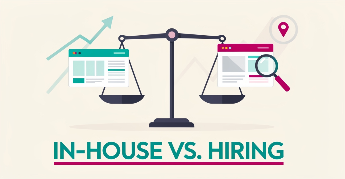Flat illustration of a balance scale comparing a DIY website and a professional website with local SEO data elements in teal and magenta.