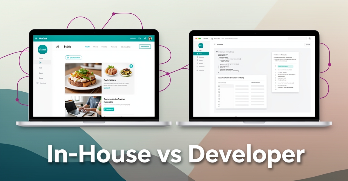 Flat illustration comparing AI website builder and developer-coded site for Nova Scotia catering business, with brand-colored accents and headline overlay.