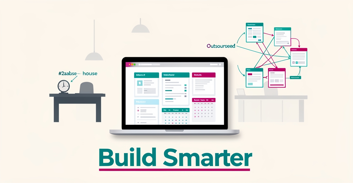 Flat illustration of a sports bar laptop with website wireframe comparing in-house versus outsourced development, accented in teal and magenta.
