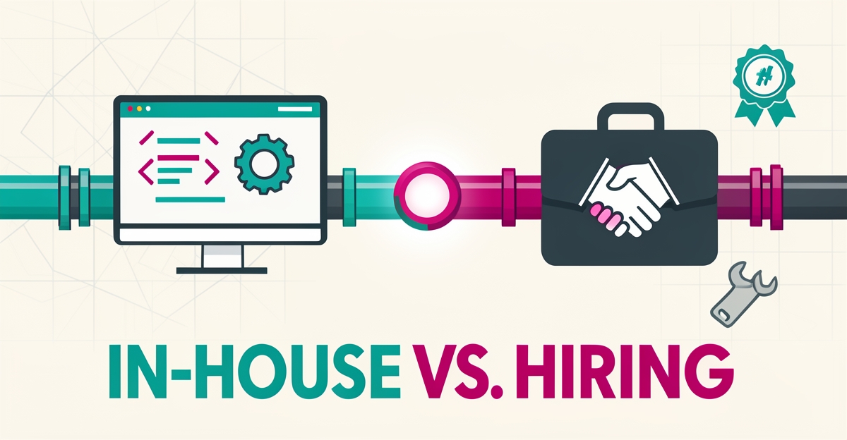 Flat illustration comparing in-house versus hired web development for pipeline inspection, showing a pipeline with development icons in teal and magenta.