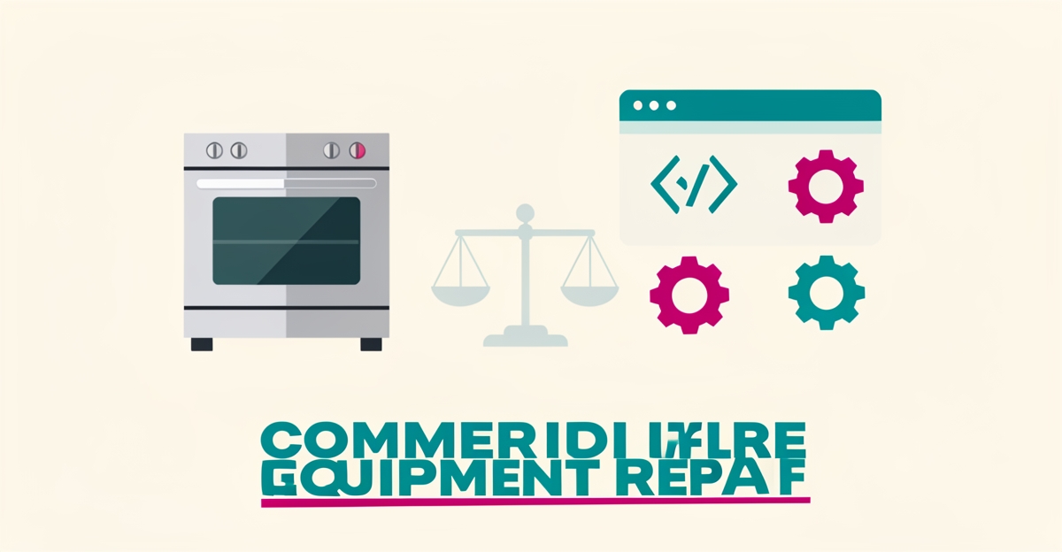 Flat illustration balancing restaurant equipment repair tools with web development icons, comparing in-house versus hired developer options.