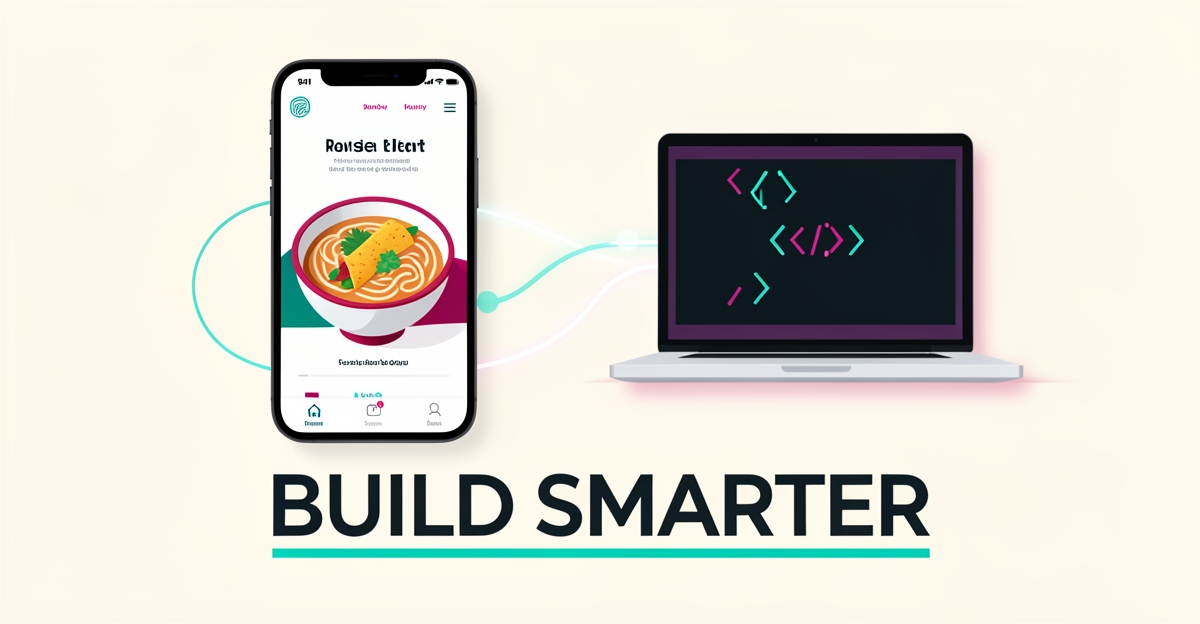 Flat illustration of a smartphone showing a restaurant website beside a laptop with code, symbolizing in-house versus developer website choices.