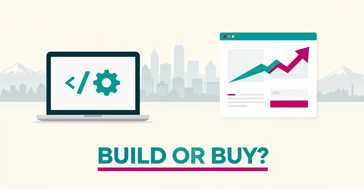 Flat illustration comparing in-house development versus hiring a web developer for a Vancouver coding bootcamp, with teal and magenta accents.