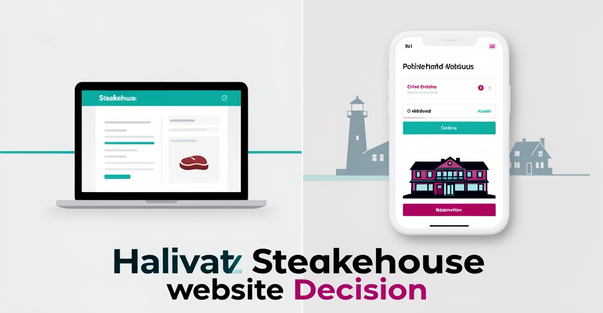 Flat illustration comparing DIY and professional website options for a Halifax steakhouse with teal and magenta accents.