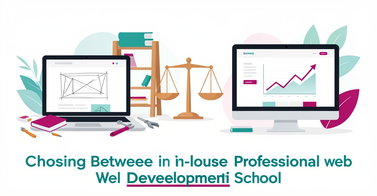 Flat illustration comparing a DIY website draft and a polished professional school website with rising enrollment chart in teal and magenta accents.