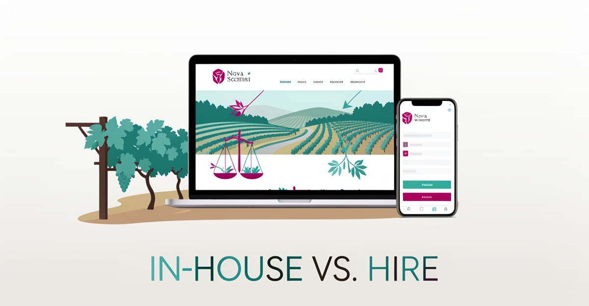 Flat illustration of a Nova Scotia vineyard with a laptop and smartphone showing a mobile-first winery website, accented in teal and magenta.