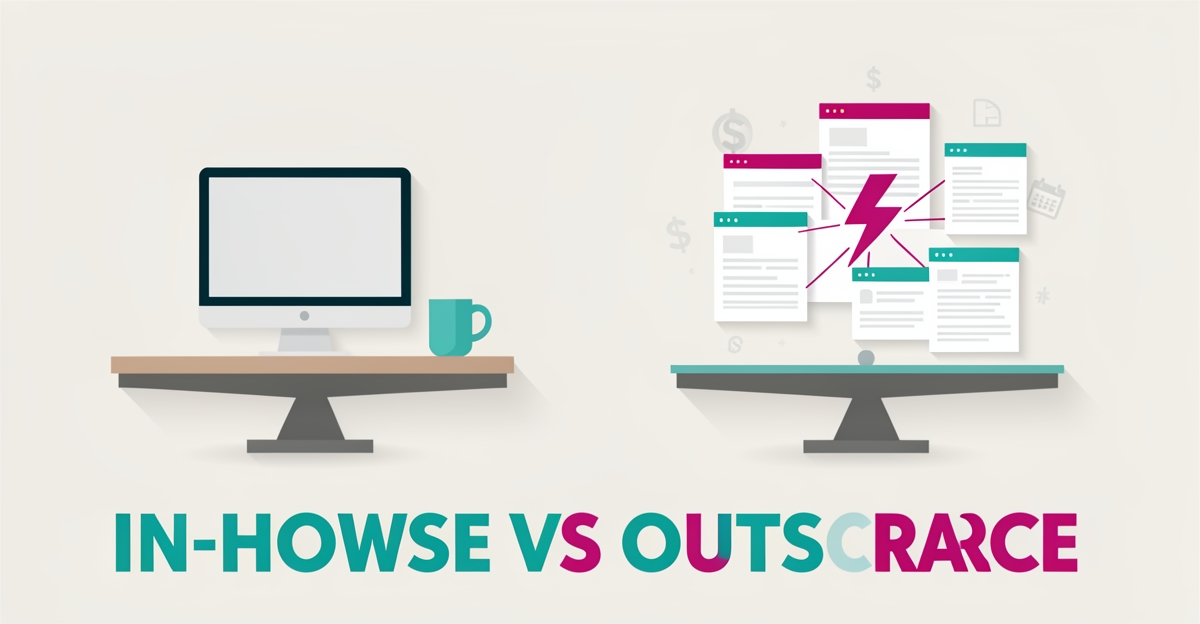 Flat illustration of a balanced scale comparing an in-house developer desk against fast outsourced web development, accented in teal and magenta.