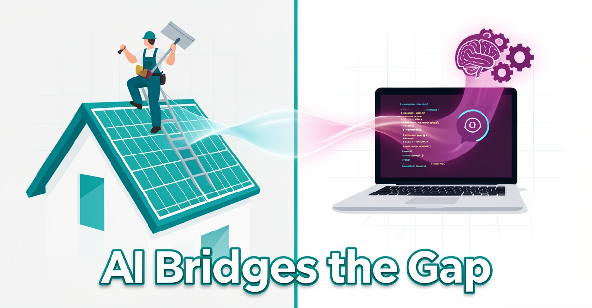 A minimalist flat illustration comparing in-house solar installer work and AI-assisted web development, with brand-colored accents and a short headline in the lower third.